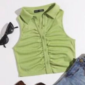 SHEIN Light Green Ruched Collared Crop Top